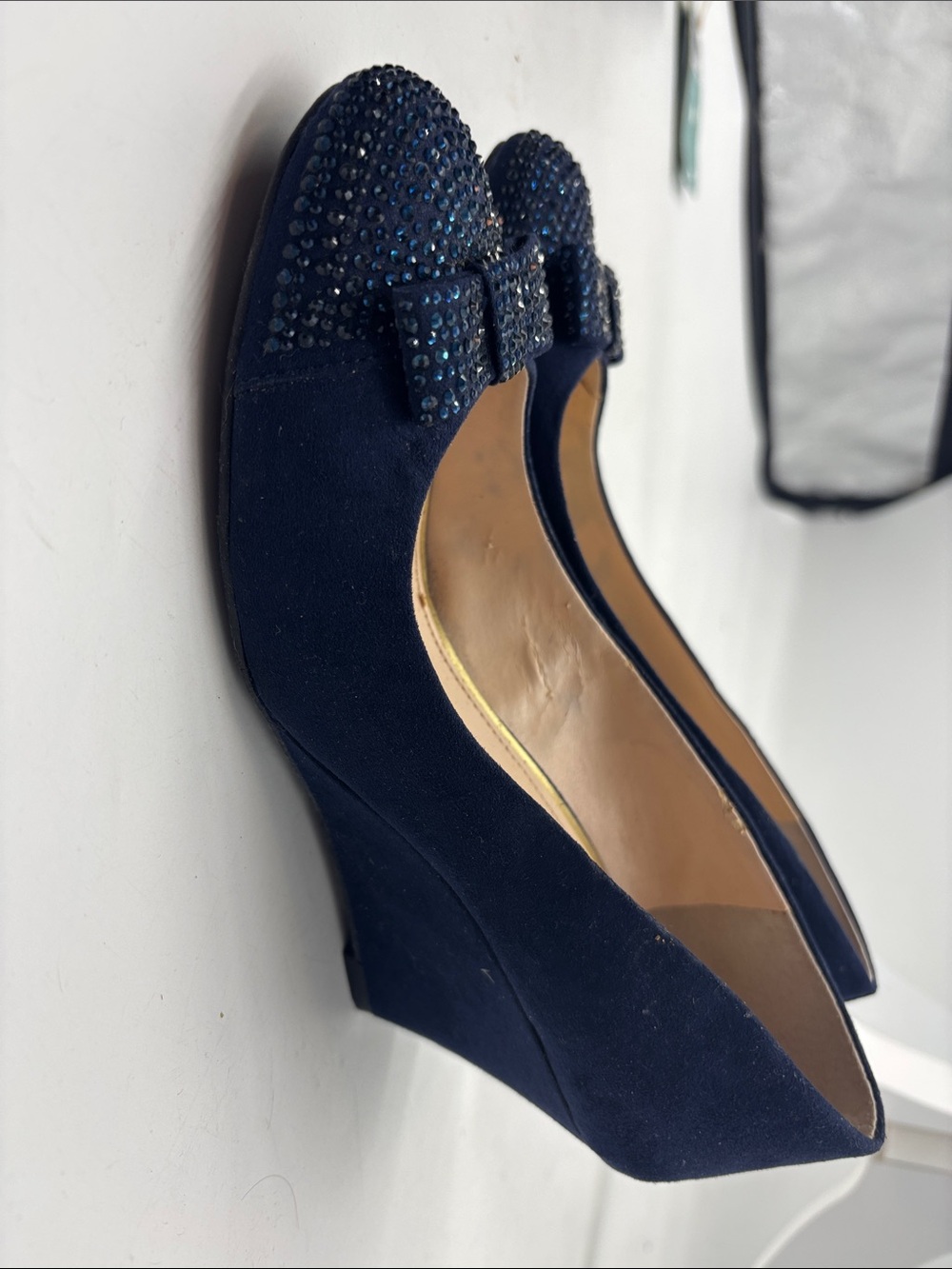 Jessica Simpson Navy Suede Wedge Heels with Jeweled Bow